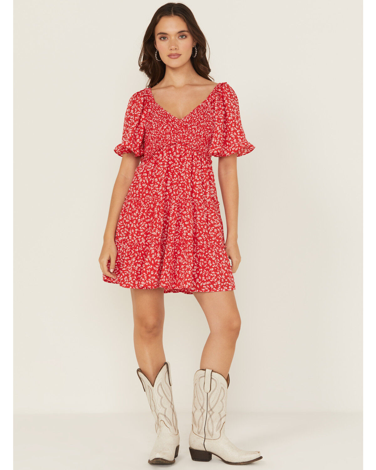Image #1 - Yura Women's Floral Print Tiered Mini Dress, Red, hi-res