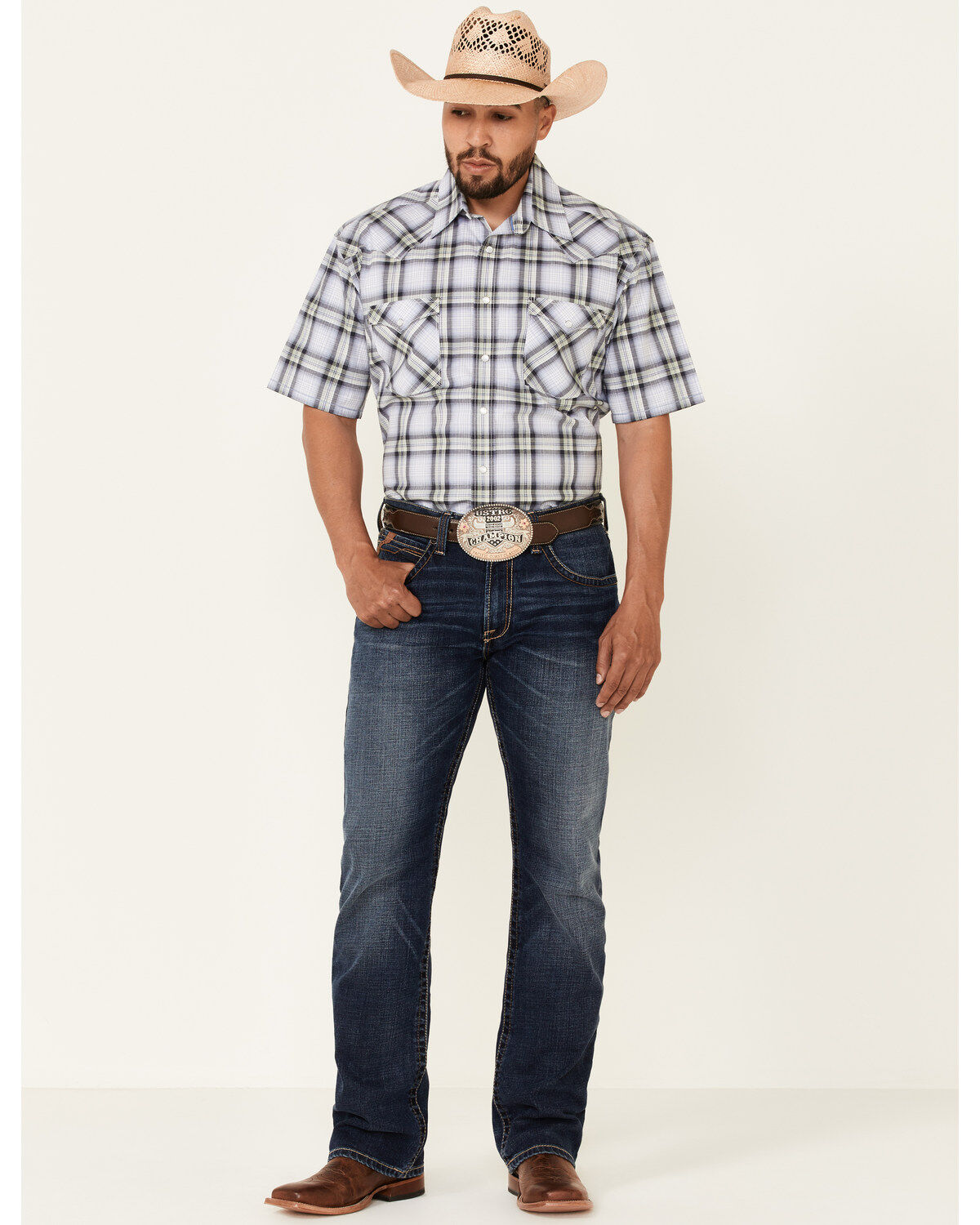 Image #2 - Rough Stock By Panhandle Men's Large Dobby Plaid Print Short Sleeve Pearl Snap Western Shirt, , hi-res