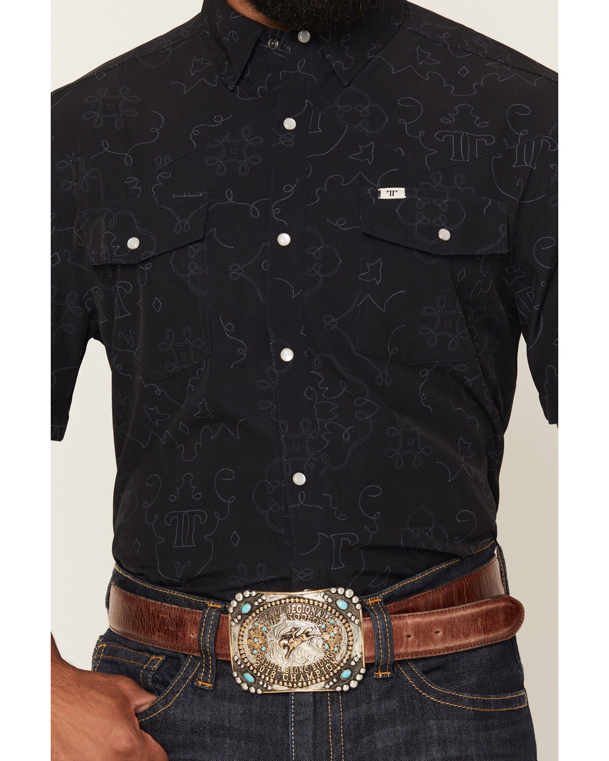 Image #3 - Ferrell Men's Tek Carson Boot Stitch Print Short Sleeve Pearl Snap Stretch Performance Western Shirt, Black, hi-res