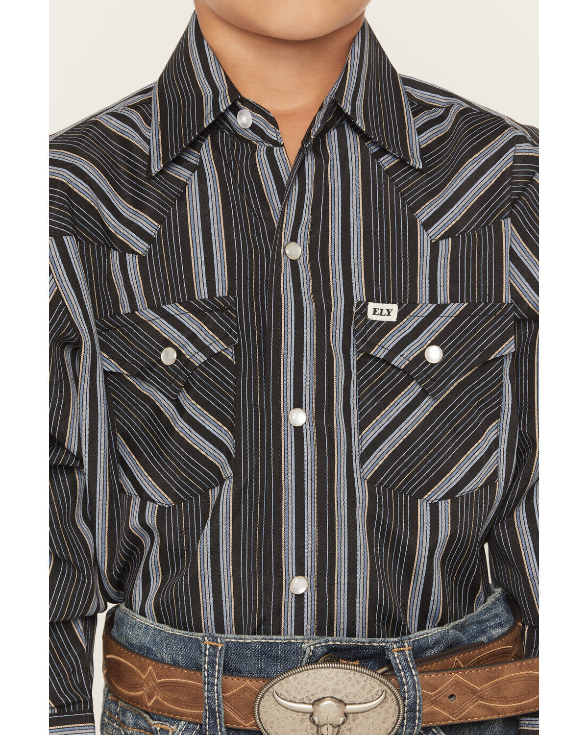Image #3 - Ely Walker Boys' Striped Long Sleeve Pearl Snap Western Shirt, Black, hi-res