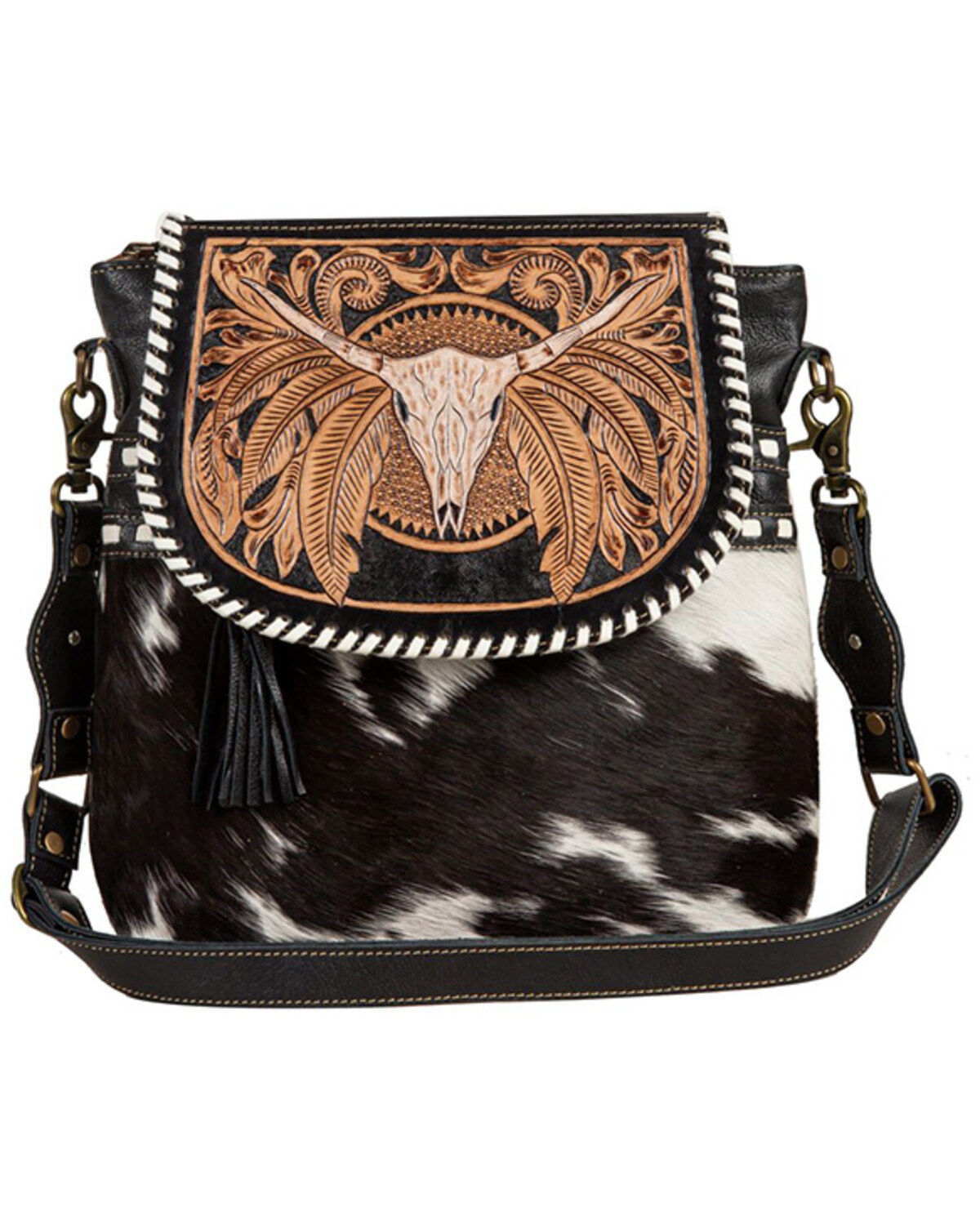 Image #1 - Myra Bag Women's Spirit of the Herd Hand Tooled Crossbody Bag, Black, hi-res