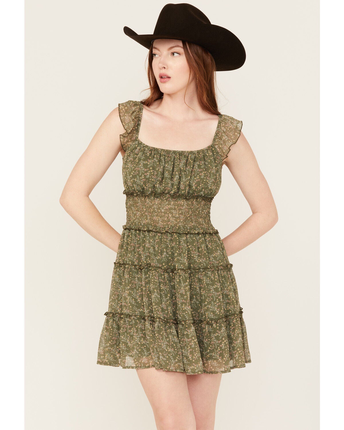 Trixxi Women's Floral Print Sleeveless Mini Dress, Olive, hi-res