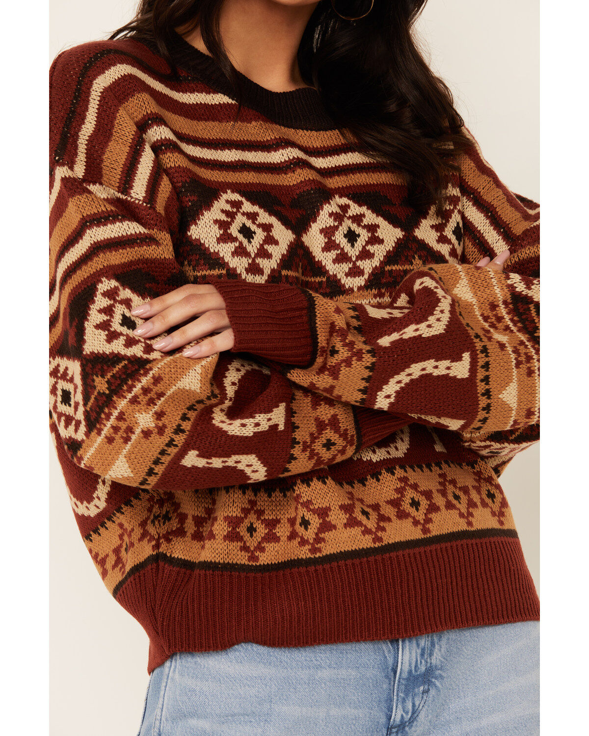 Image #3 - Wrangler Retro Women's Horseshoe Southwestern Print Sweater, Brown, hi-res