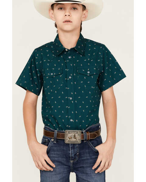 Boot Barn Boys' Printed Western Short Sleeve Shirt, Teal, hi-res