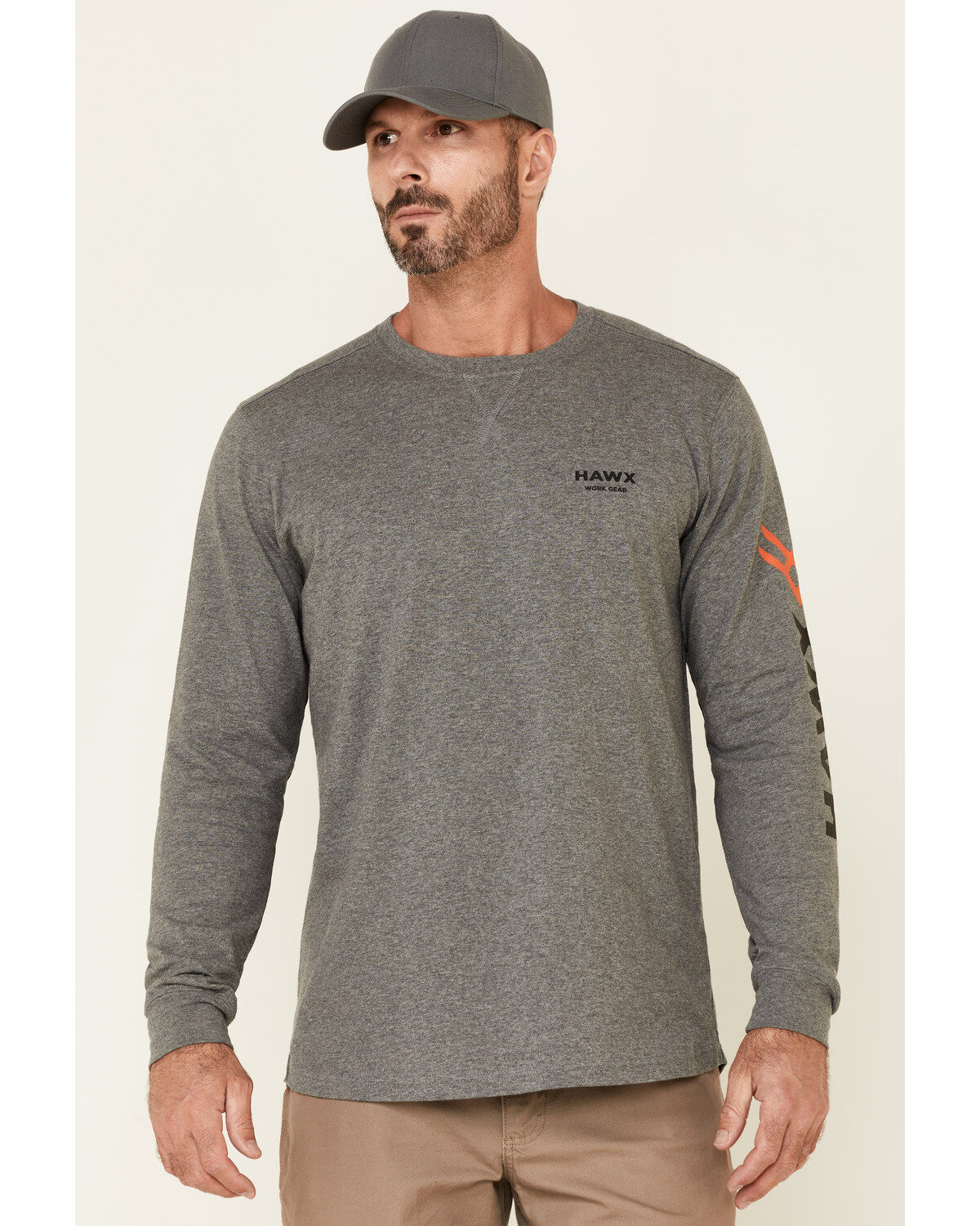 Image #1 - Hawx Men's Charcoal Original Logo Crew Long Sleeve Work T-Shirt - Tall, , hi-res