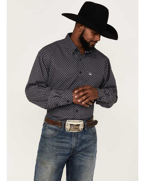 Cinch Men's Arena Flex Diamond Geo Print Long Sleeve Button-Down Western Shirt , Black, hi-res