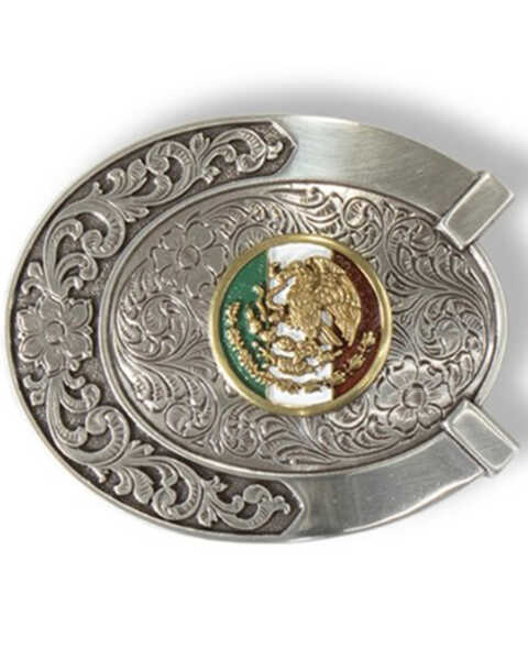Image #1 - M & F Western Oval Horseshoe Mexican Flag Belt Buckle, Silver, hi-res