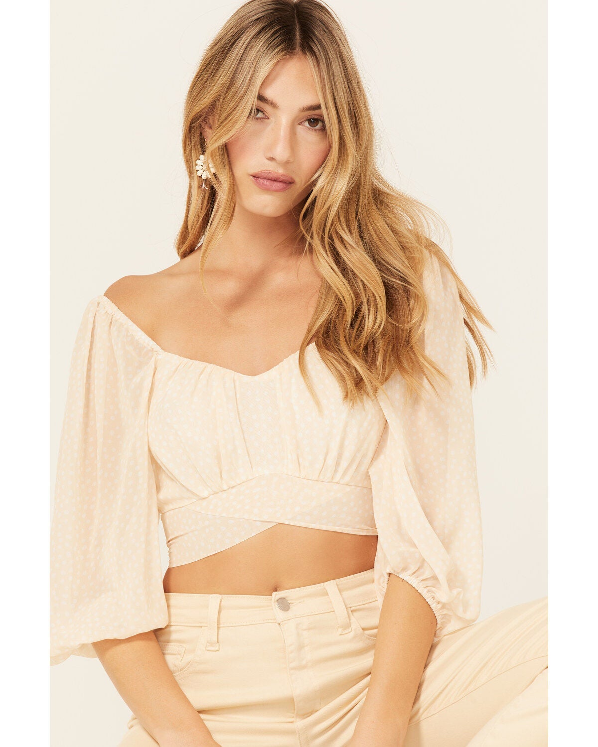 Beyond The Radar Women's Sheer Dot Puff Sleeve Crop Top, Cream, hi-res