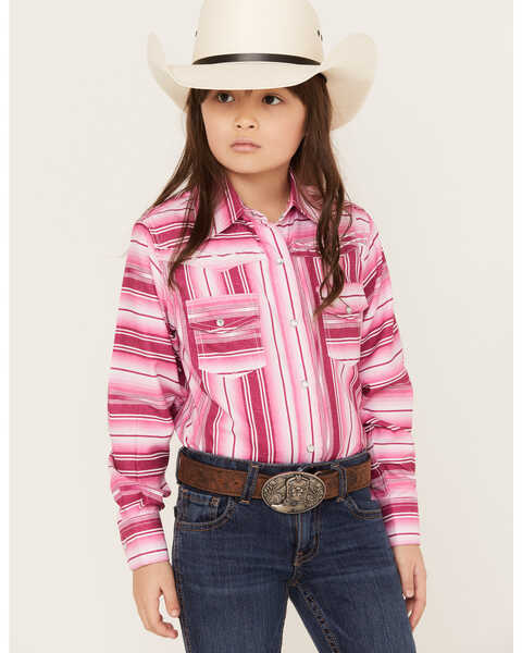 Cowgirl Hardware Girls' Serape Stripe Print Long Sleeve Pearl Snap Western Shirt, Pink, hi-res
