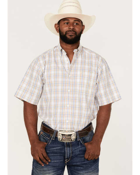 Ariat Men's WF Evander Plaid Print Short Sleeve Button Down Western Shirt , White, hi-res