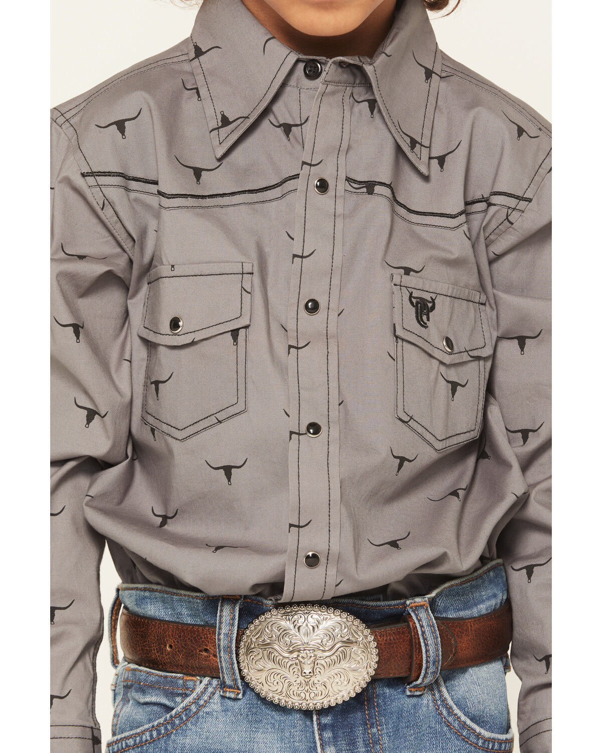 Image #3 - Cowboy Hardware Boys' Skull Scatter Long Sleeve Snap Stretch Western Shirt, Charcoal, hi-res