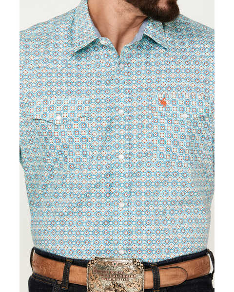 Image #3 - Rodeo Clothing Men's Boot Barn Exclusive Medallion Print Short Sleeve Pearl Snap Western Shirt, Teal, hi-res