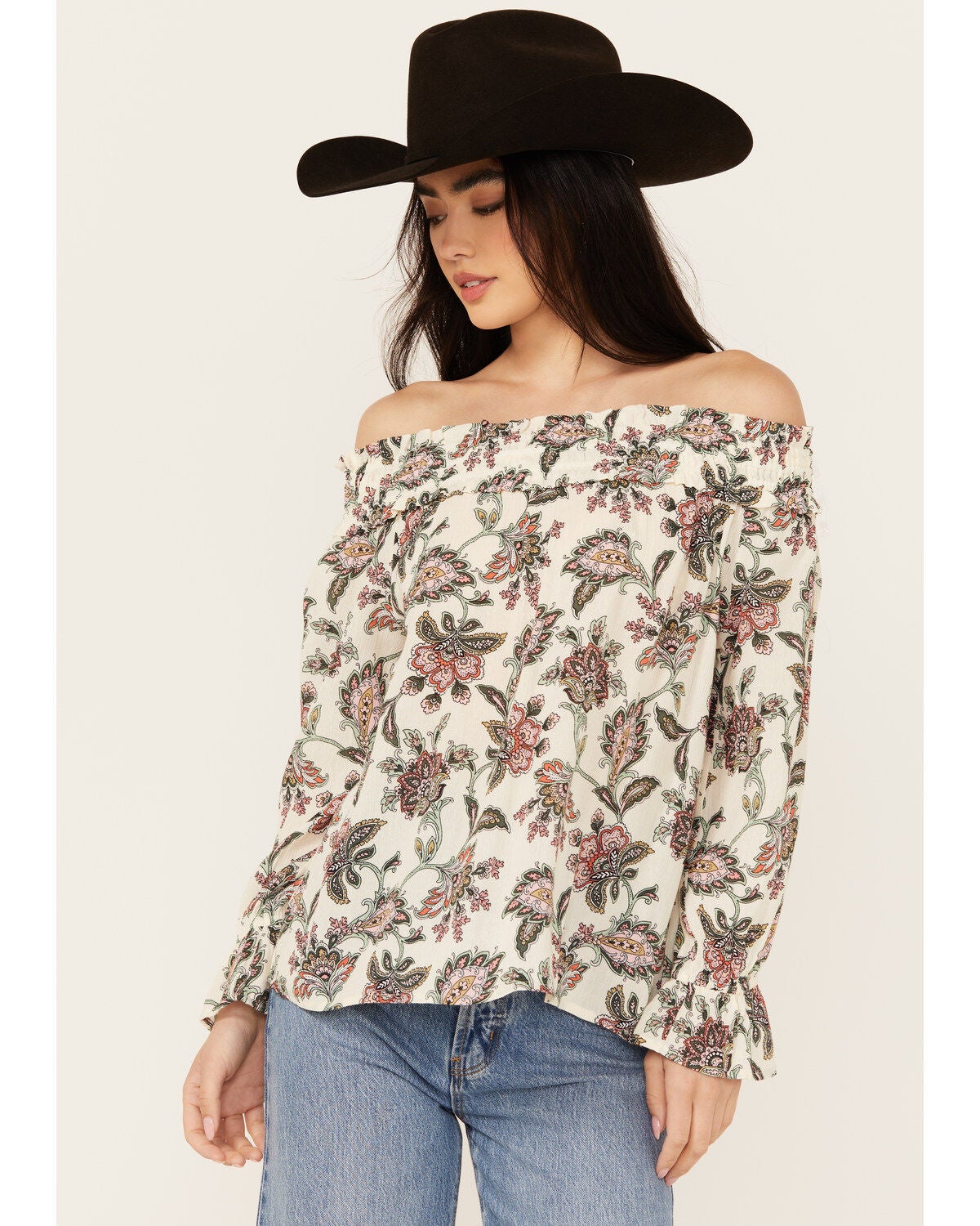 Wild Moss Women's Floral Print Long Sleeve Off The Shoulder Shirt, Ivory, hi-res