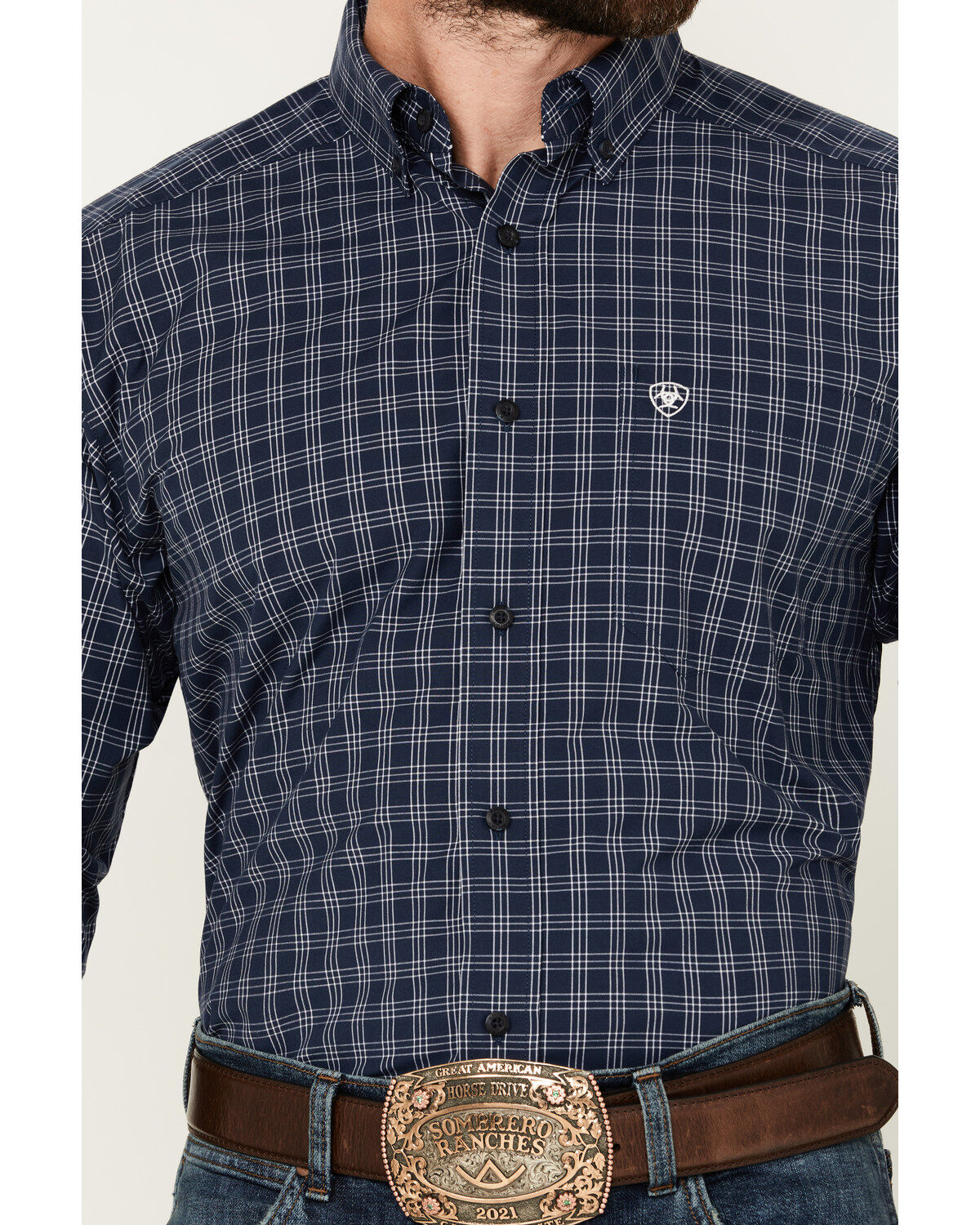 Image #3 - Ariat Men's Prestcot Windowpane Plaid Print Long Sleeve Performance Shirt, Navy, hi-res