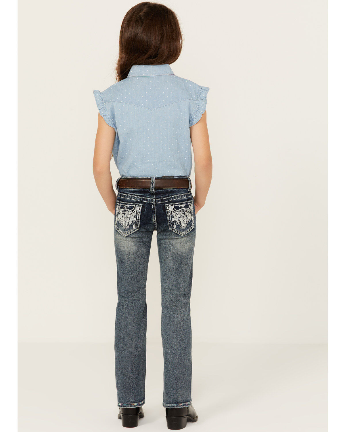 Image #3 - Grace in LA Little Girls' Medium Wash Steer Head Pocket Stretch Bootcut Jeans, Medium Wash, hi-res