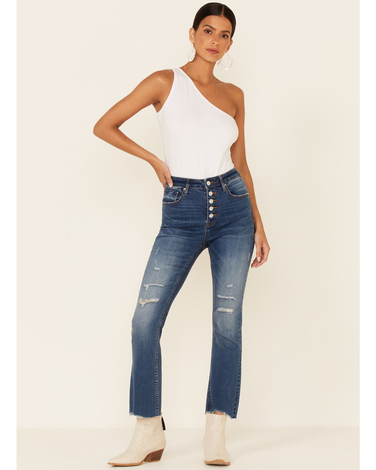 VIGOSS Women's High Rise Button Front Gwen Cropped Flare Jeans, Blue, hi-res