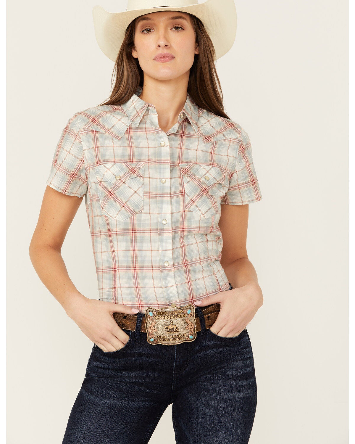 Wrangler Retro Women's Plaid Print Short Sleeve Pearl Snap Western Shirt, Cream, hi-res