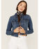 Shyanne Women's Medium Dark Wash Cropped Fray Denim Jacket, Medium Wash, hi-res