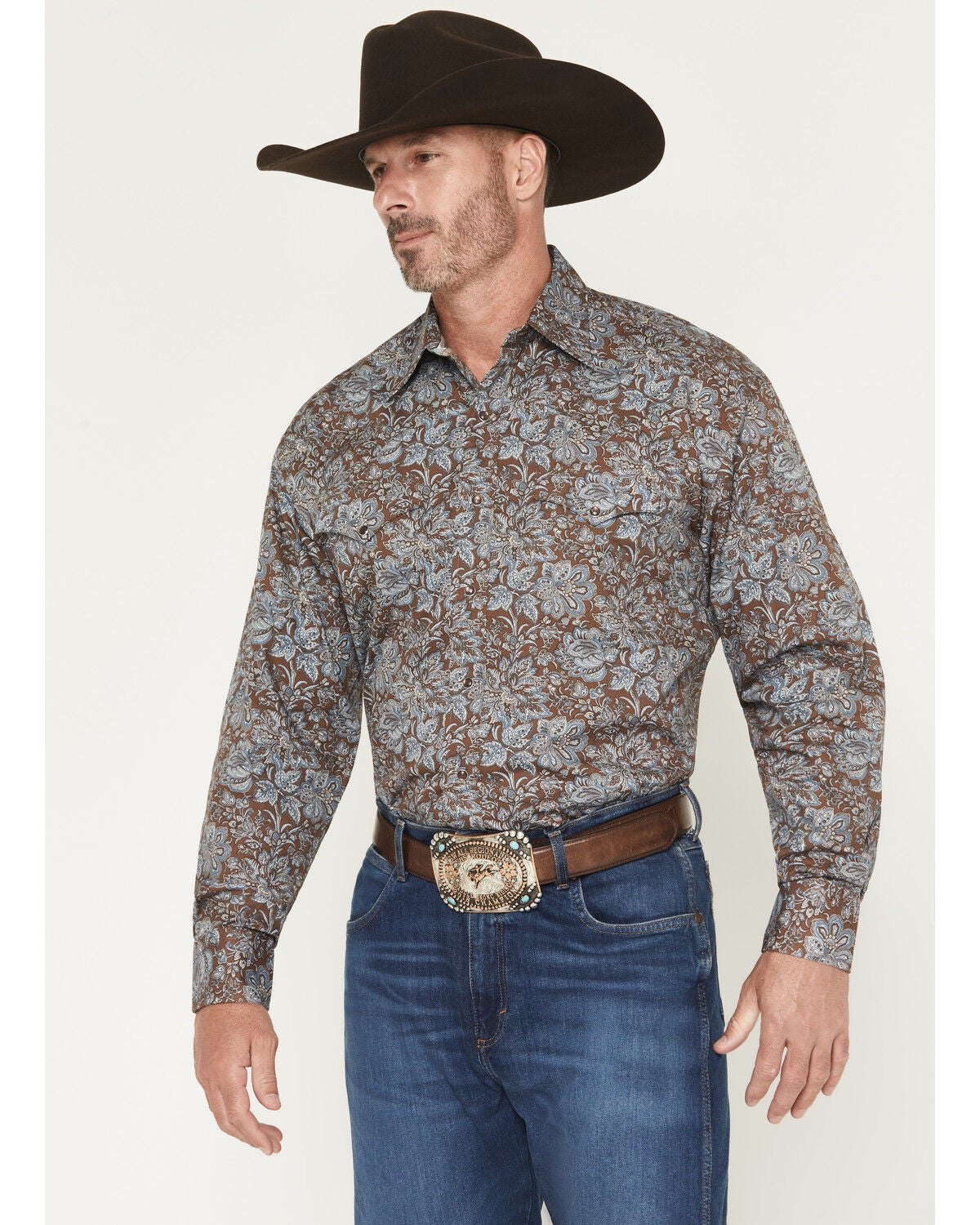 Stetson Men's Floral Paisley Print Long Sleeve Snap Western Shirt, Brown, hi-res