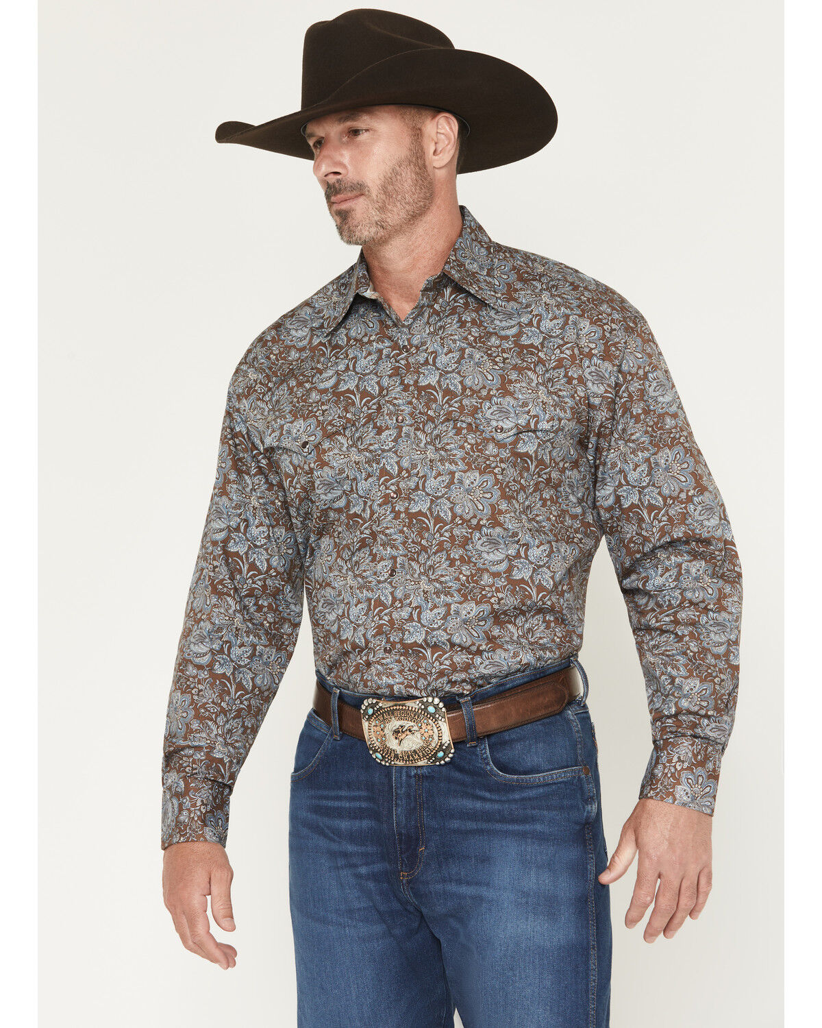Image #1 - Stetson Men's Floral Paisley Print Long Sleeve Snap Western Shirt, Brown, hi-res
