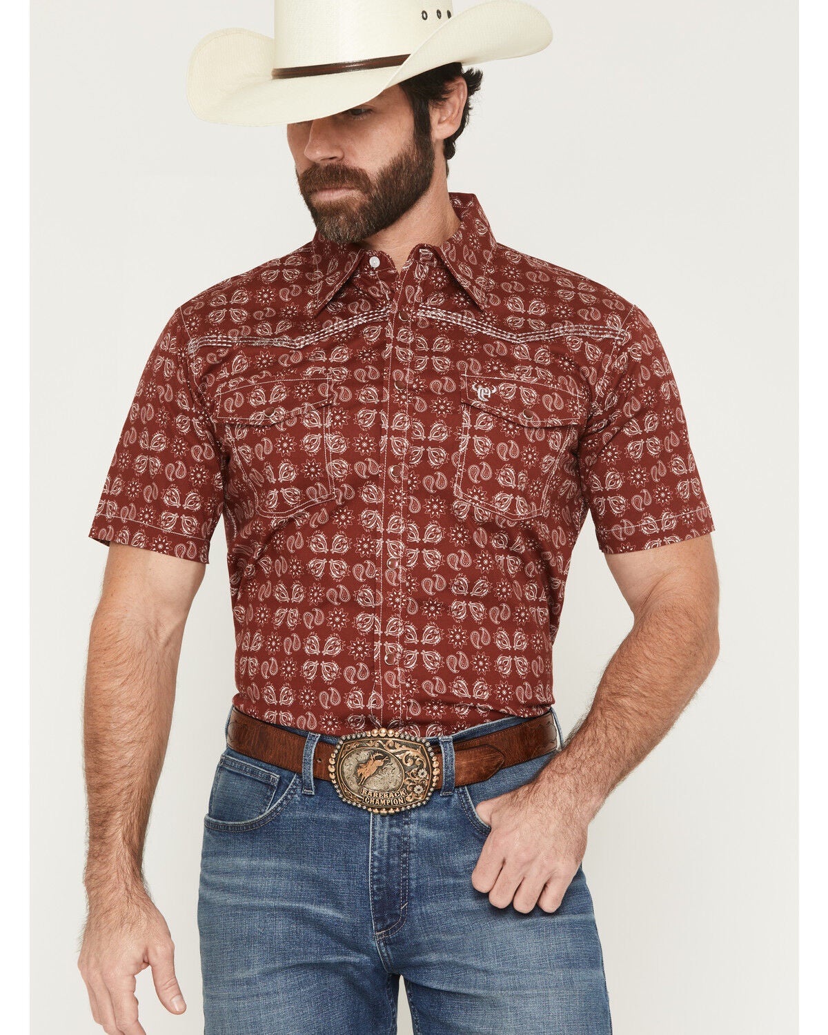 Cowboy Hardware Men's Acorn Paisley Print Short Sleeve Pearl Snap Stretch Western Shirt, Chilli, hi-res