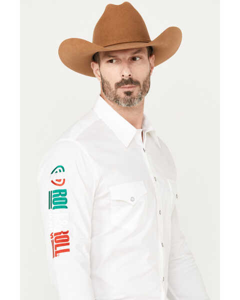 Image #2 - Rock & Roll Denim Men's Mexico Logo Long Sleeve Western Pearl Snap Shirt, White, hi-res