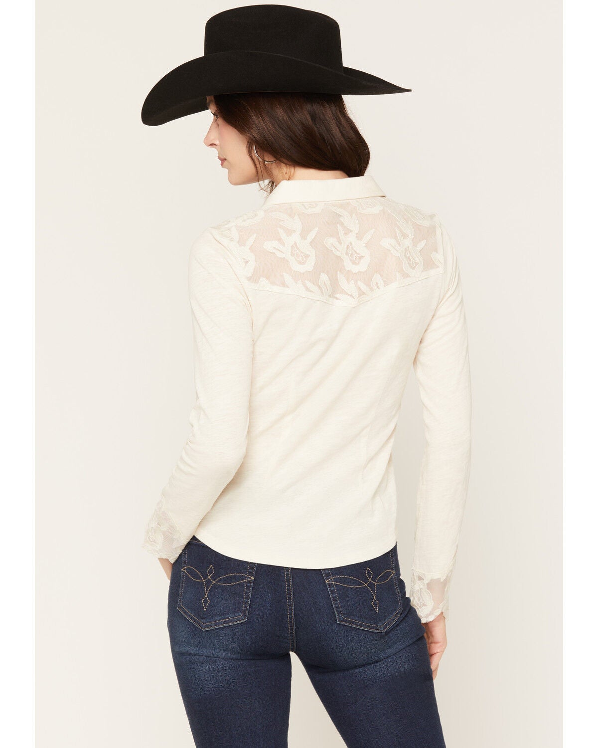 Image #4 - Shyanne Women's Rider Long Sleeve Knit Lace Yoke Button-Down Western Shirt, Natural, hi-res