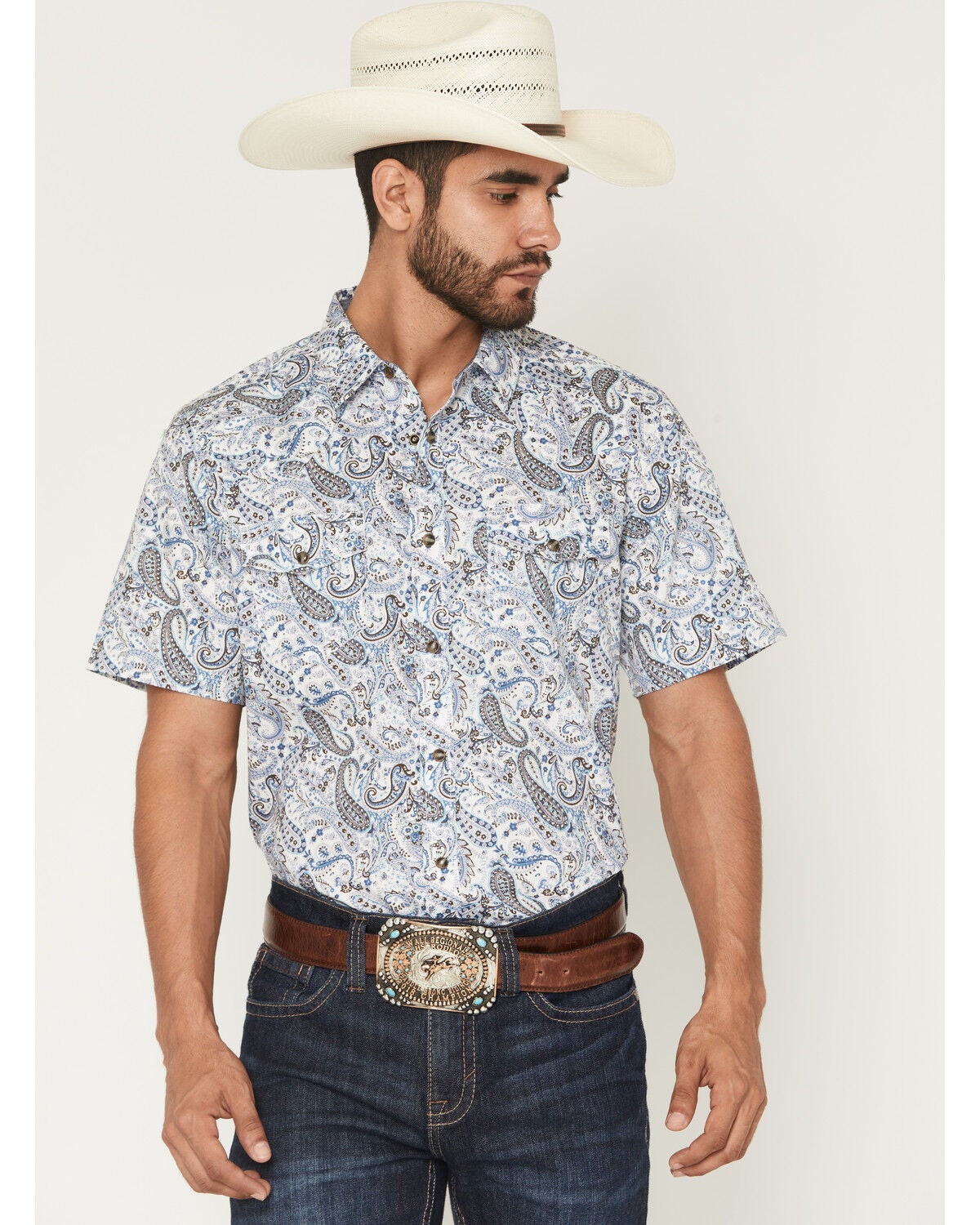 Cody James Men's Ryder Paisley Print Short Sleeve Snap Western Shirt, Cream, hi-res