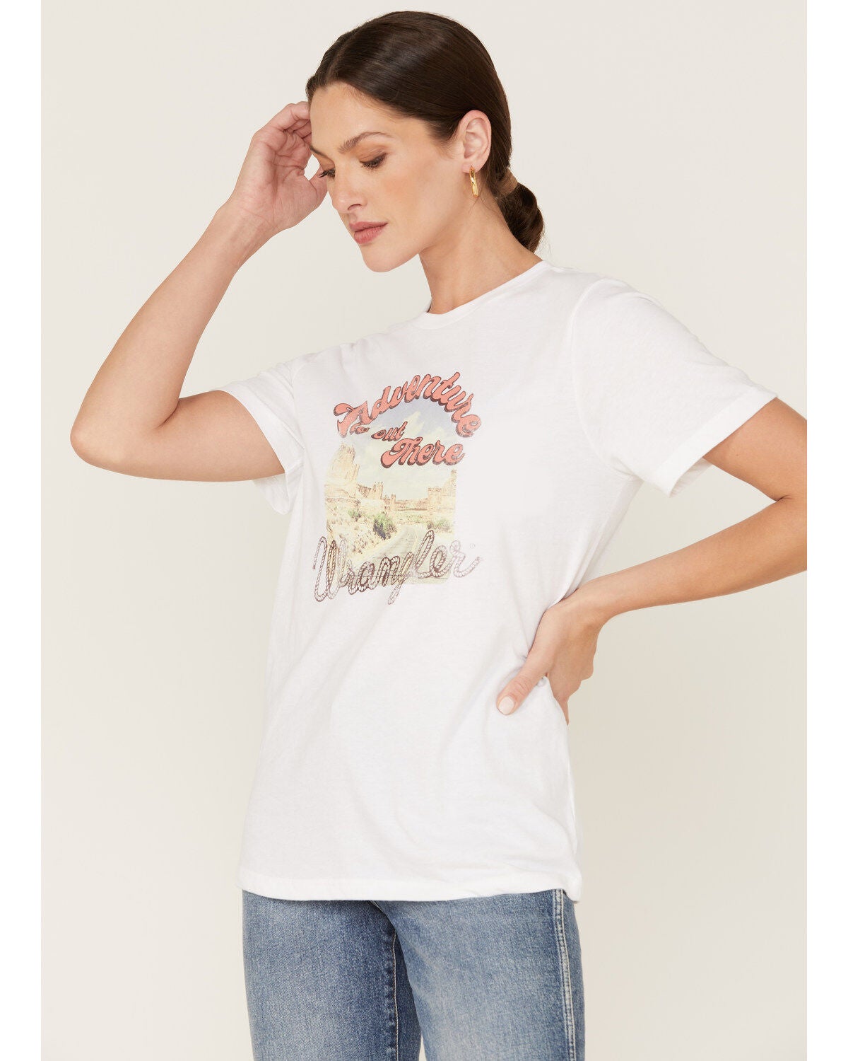 Wrangler Women's Boot Barn Exclusive Adventure Is Out There Short Sleeve Graphic Tee, Teal, hi-res