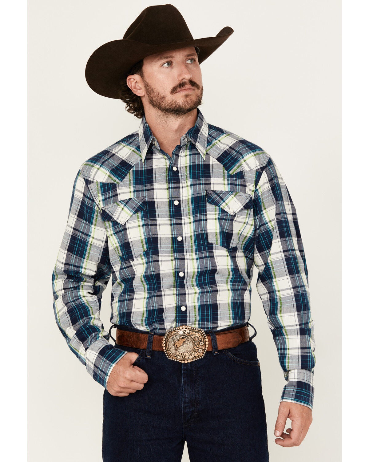 Roper Men's West Made Plaid Print Long Sleeve Snap Western Shirt, Blue, hi-res