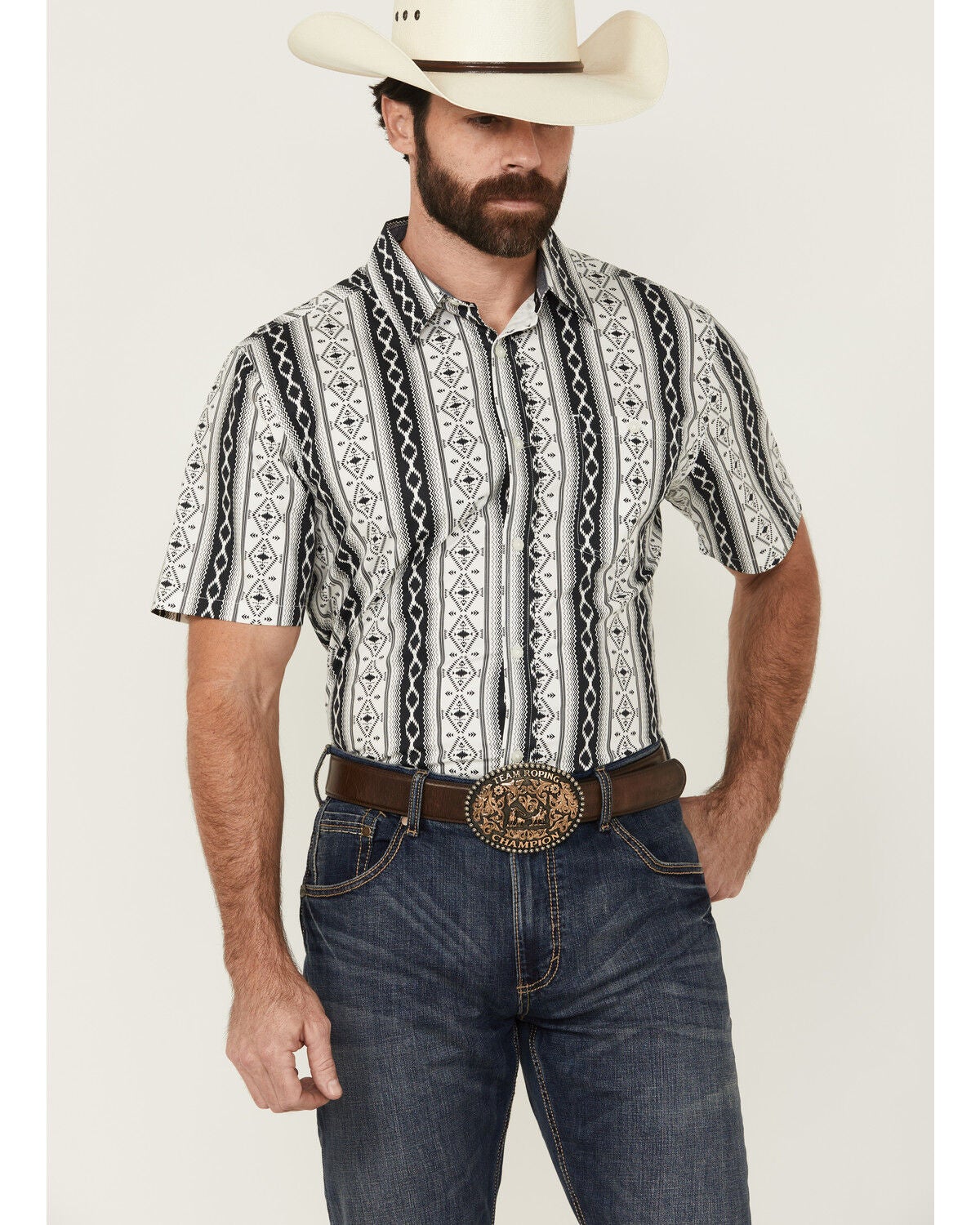 RANK 45&reg; Men's Buffalo Southwestern Striped Print Short Sleeve Button-Down Stretch Western Shirt, White, hi-res