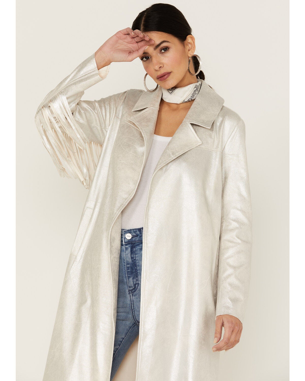 Women's Shyanne Fringe Back Silver Long Blazer Coat