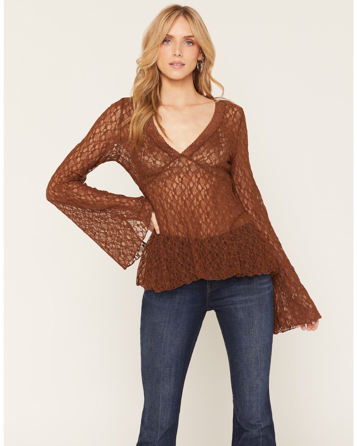 Shyanne Women's Lace Knit Long Sleeve Top, Bark, hi-res