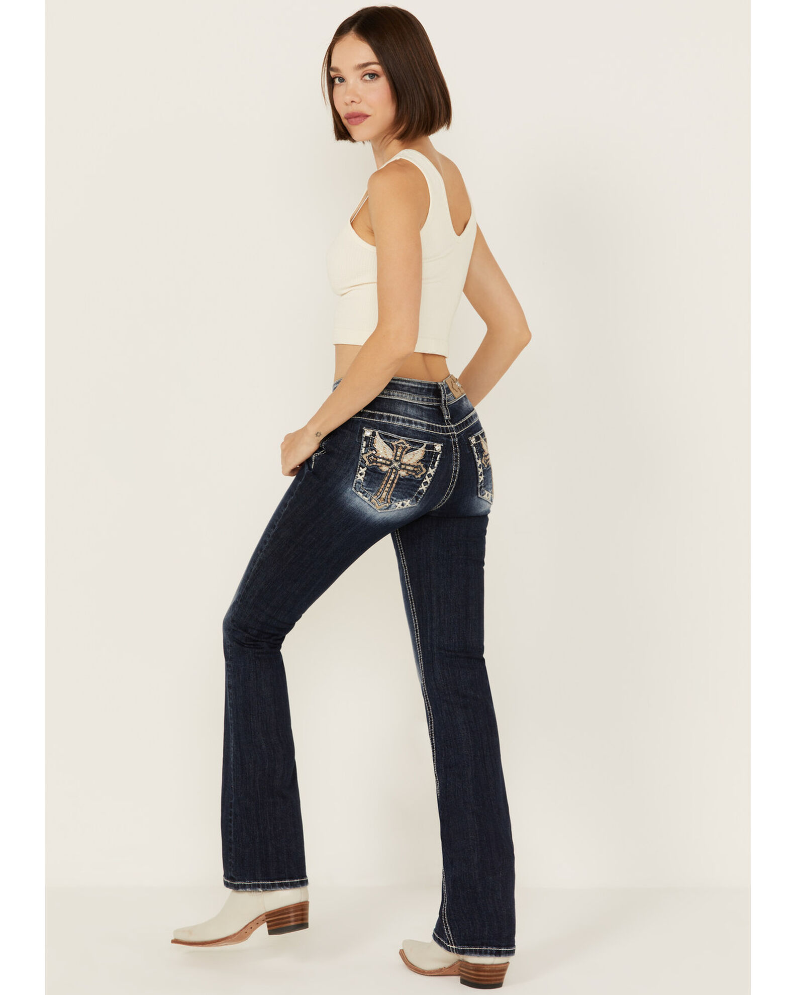 Miss Me Women s Dark Wash Mid Rise Angel Wing Cross Pocket Bootcut Str