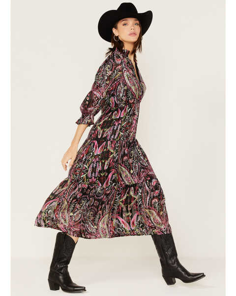 Revel Women's Floral & Paisley Print Puff Sleeve Midi Dress, Fuscia, hi-res