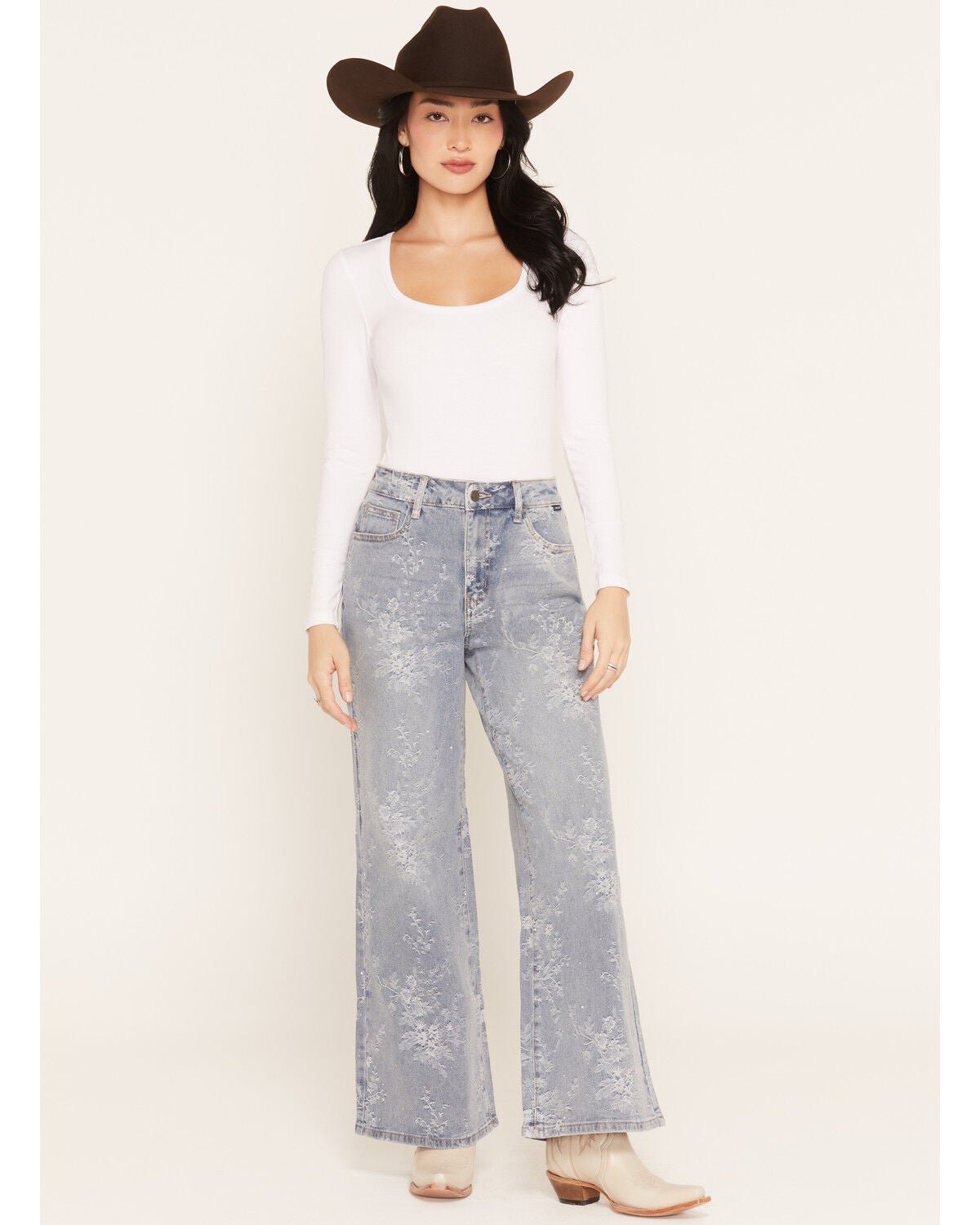 Image #1 - Cello Women's Light Wash High Rise Jacquard Rhinestone Embellished Wide Leg Stretch Denim Jeans, Light Wash, hi-res