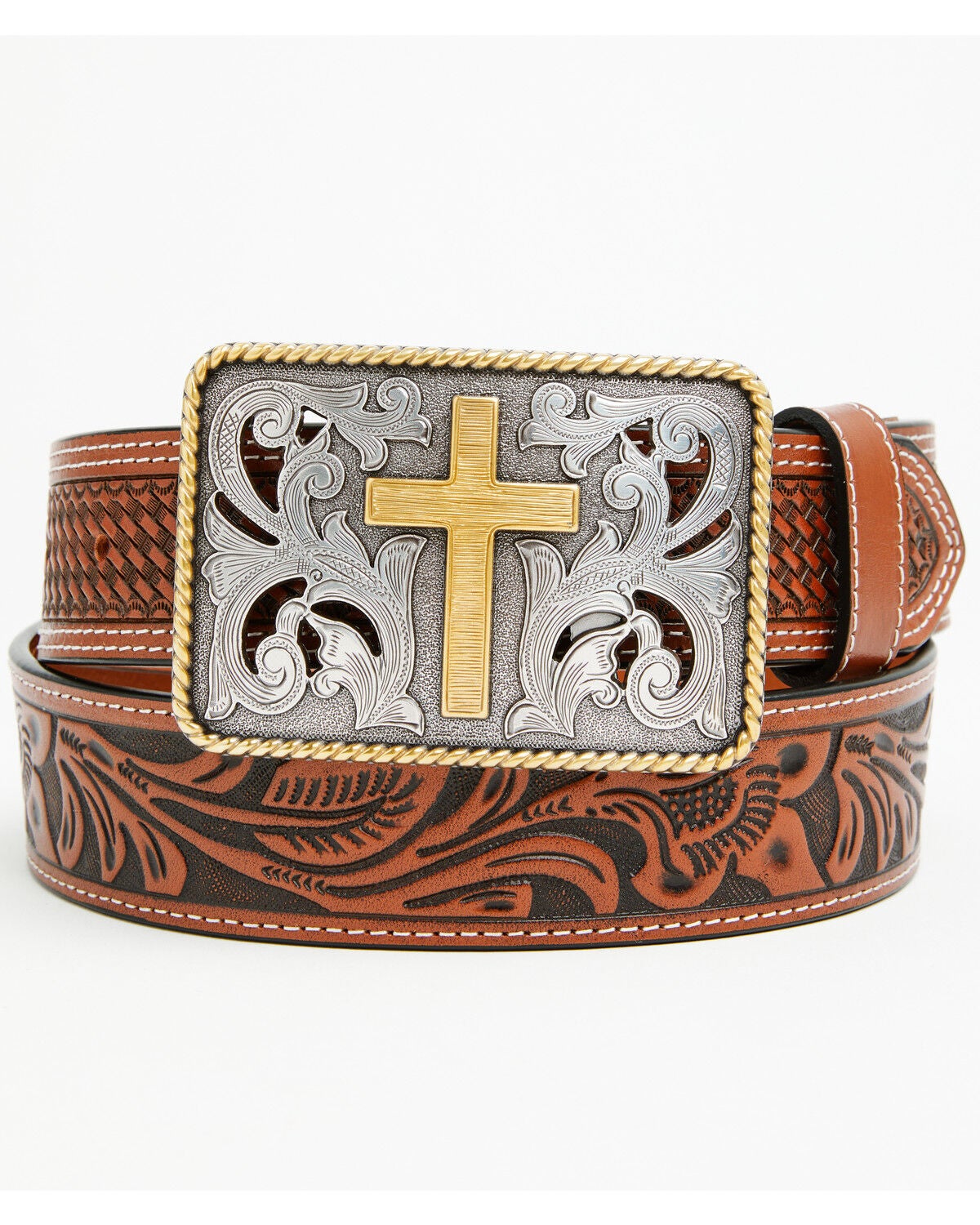 Cody James Men's Cross Leather Belt, Brown, hi-res
