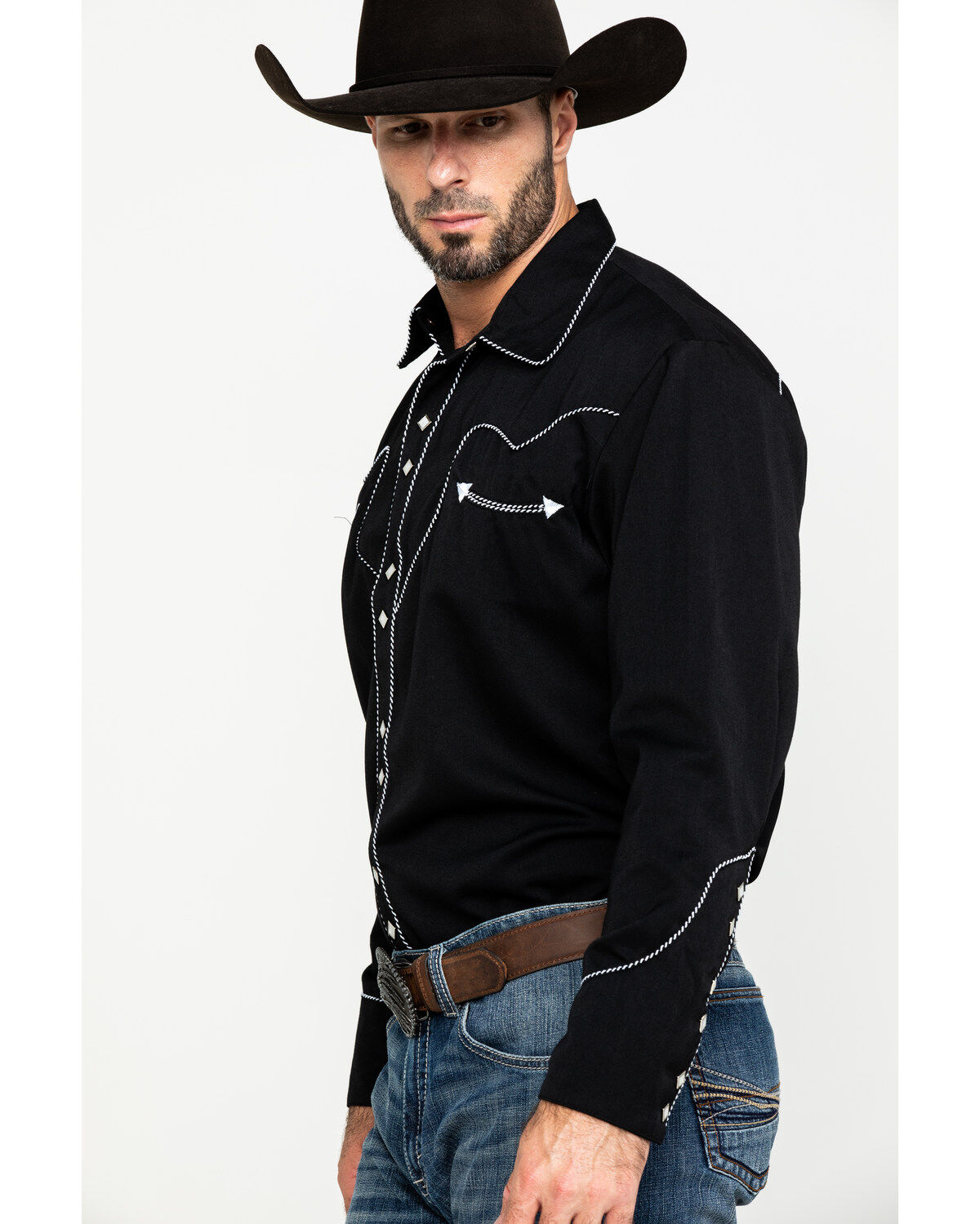 Image #3 - Scully Men's Embroidered Long Sleeve Snap Western Shirt, Black, hi-res
