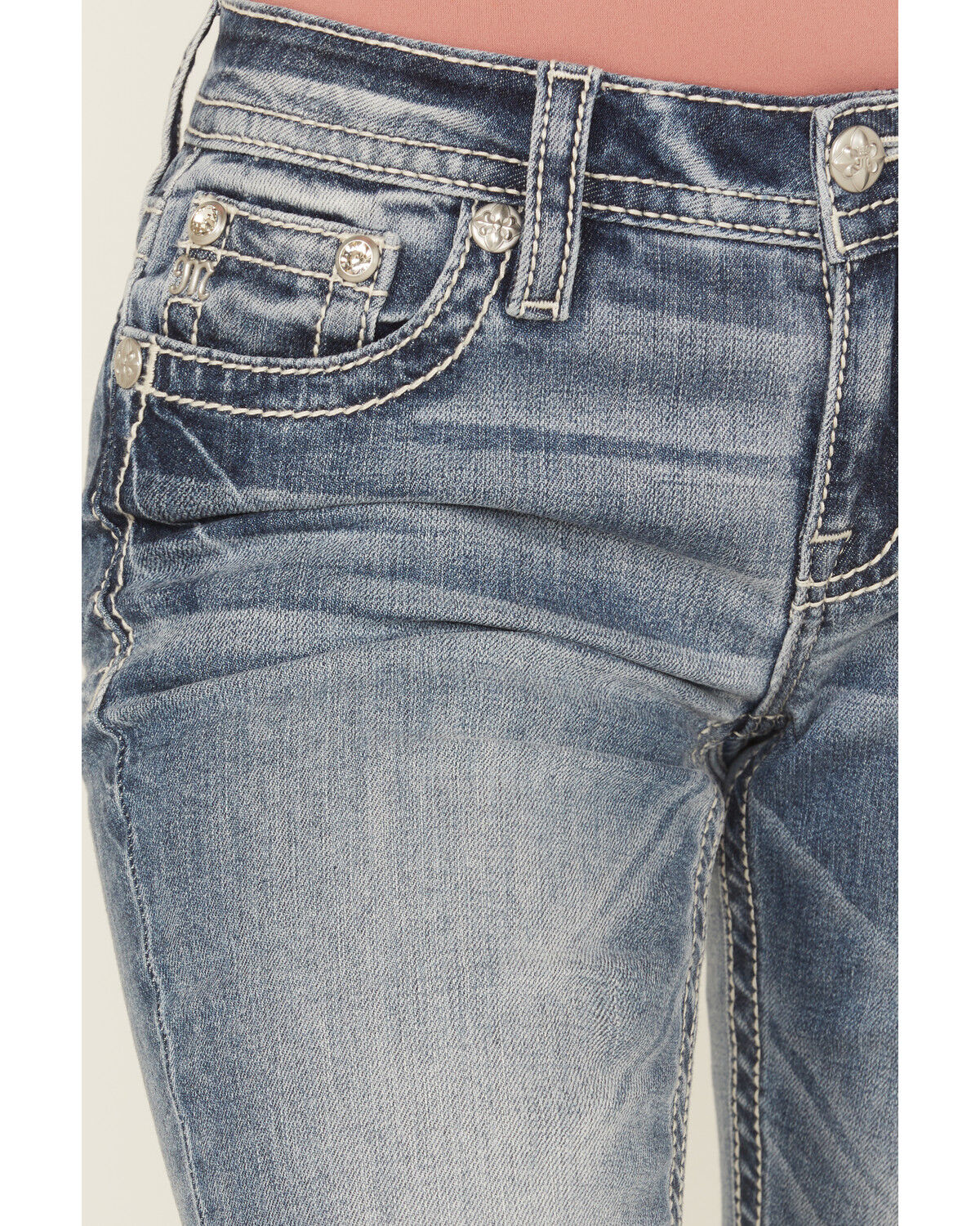 Product Name:  Miss Me Women's Dark Wash Mid Rise Floral Cross Pocket 32" Bootcut Stretch Denim Jeans