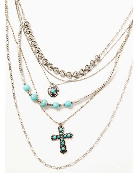 Shyanne Women's Silver & Turquoise 6-layer Cross Necklace, Silver, hi-res