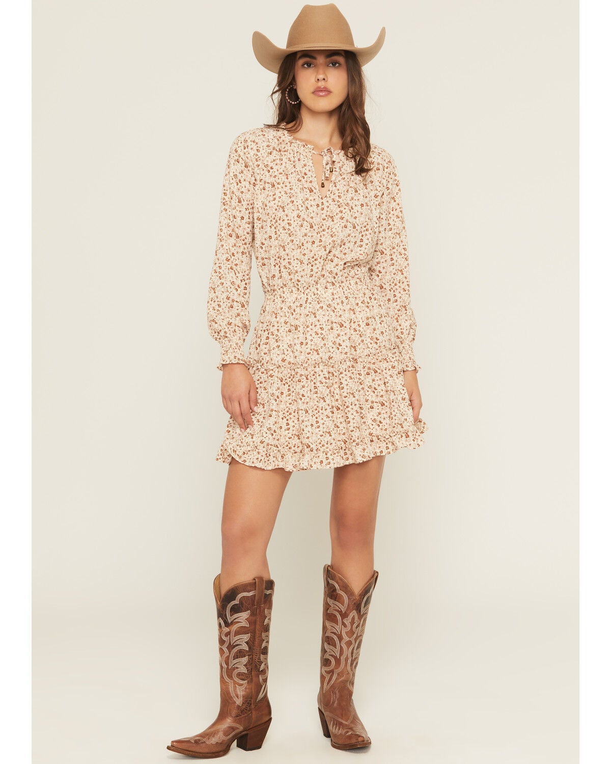 Yura Women's Floral Print Long Sleeve Smocked Mini Dress, Cream, hi-res