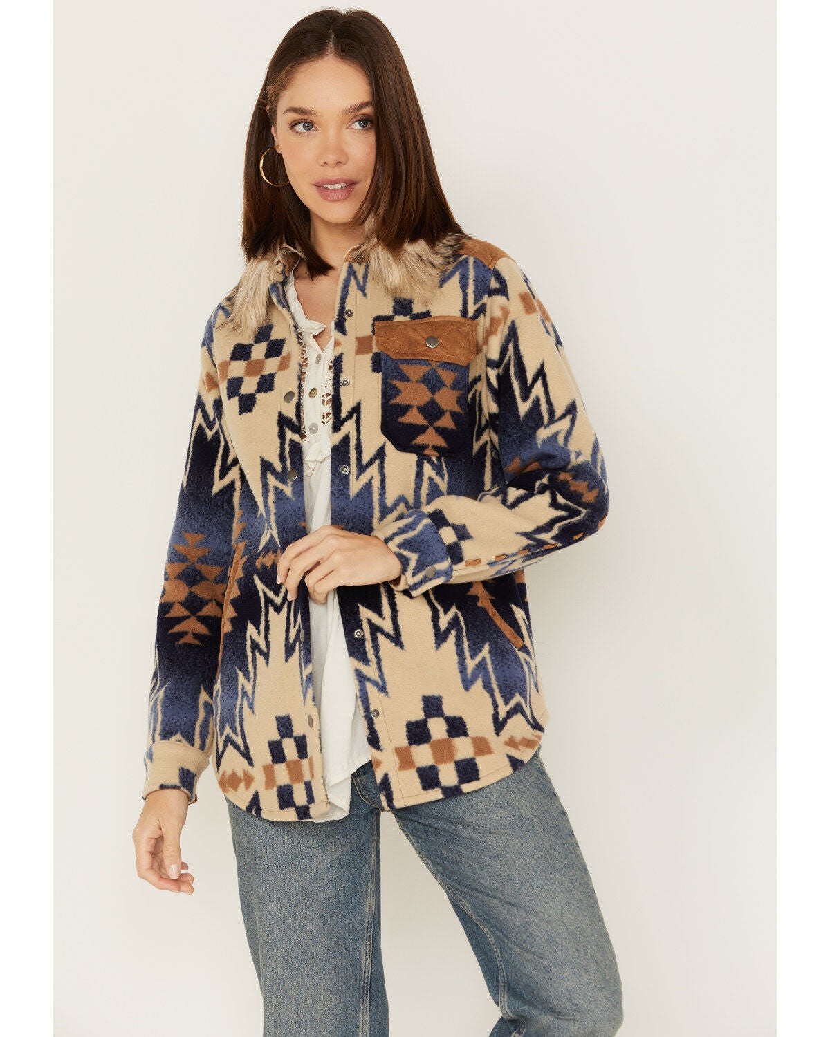 Tasha Polizzi Women's The Mountain Shirt Southwestern Print Faux Fur Collar Jacket, Blue, hi-res