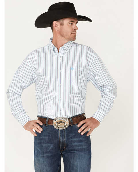 George Strait by Wrangler Men's Striped Long Sleeve Button Down Western Shirt , Blue, hi-res
