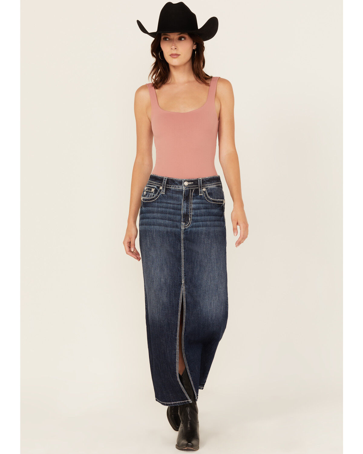 Image #3 - Miss Me Women's Dark Wash Embroidered Pocket Stretch Denim Maxi Skirt, Dark Wash, hi-res