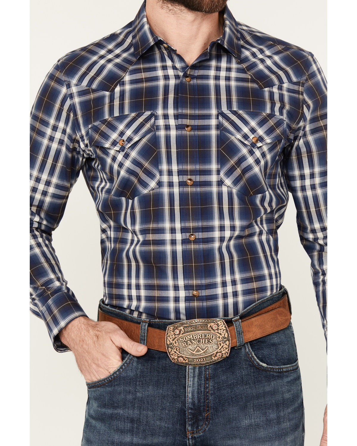Image #3 - Pendleton Men's Frontier Plaid Print Long Sleeve Snap Western Shirt, Navy, hi-res