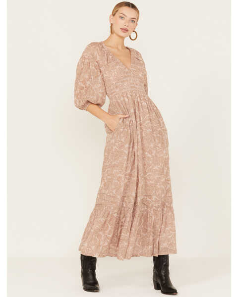 Bila Women's Floral Print Octavia Long Sleeve Maxi Dress , Sand, hi-res