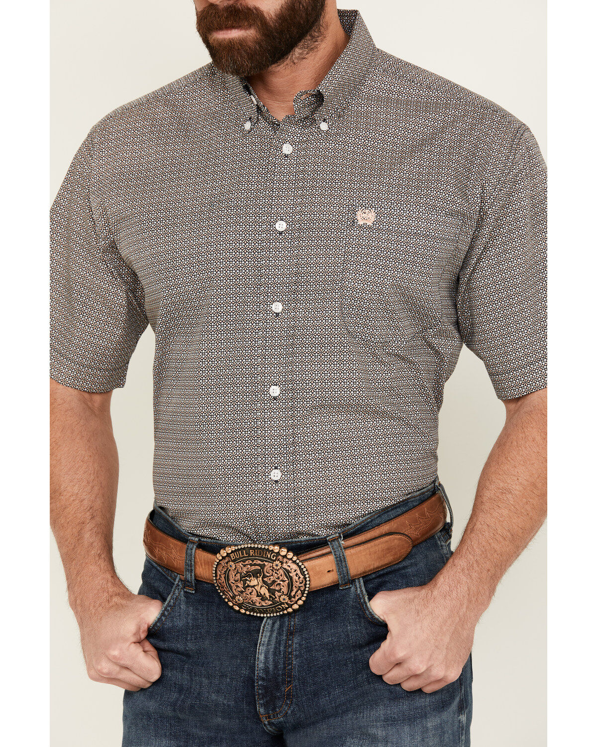 新作モデル Sleeve Short Print Geo Men's Cinch Button-Down Shirt Western ストール/パシュミナ