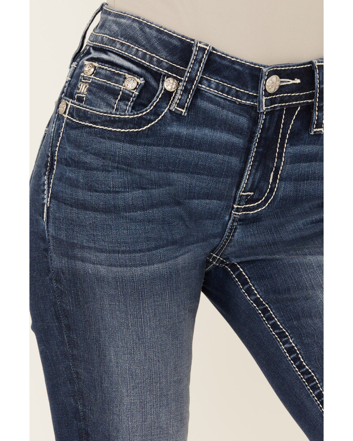 Image #4 - Miss Me Women's Dark Wash Mid Rise Winged Pocket 32" Bootcut Stretch Denim Jeans, Dark Wash, hi-res