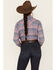 Image #4 - Wrangler Women's Boot Barn Exclusive Plaid Print Long Sleeve Western Flannel Pearl Snap Shirt, Blue, hi-res