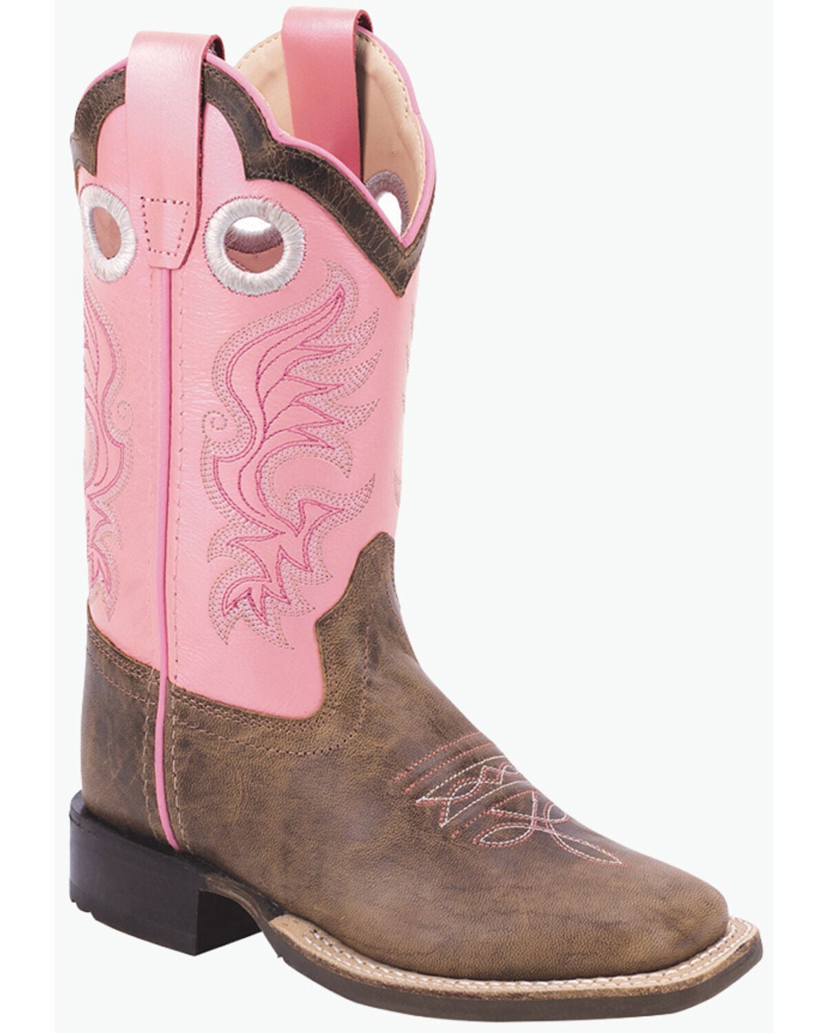 Image #1 - Old West Girls' Fancy Stitch Western Boots - Broad Square Toe, Pink, hi-res